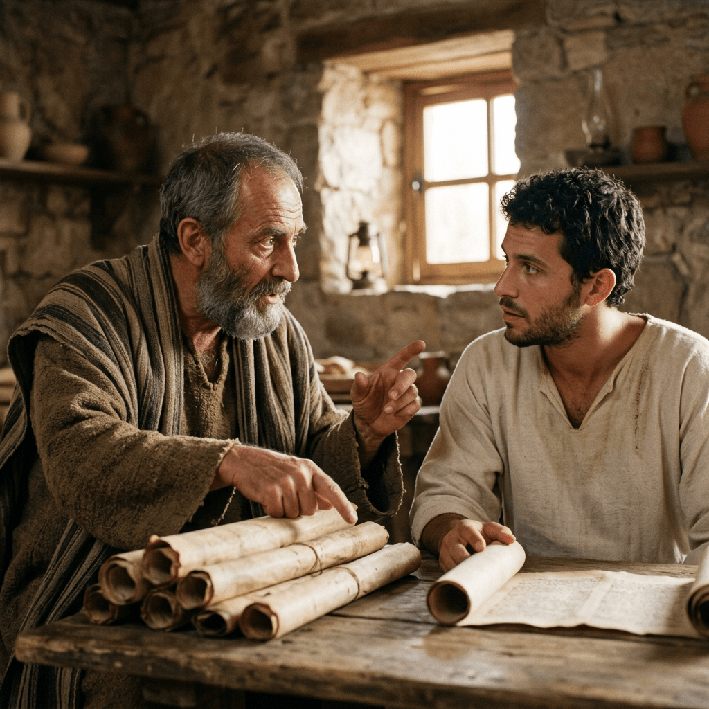 Older man explaining scrolls to younger man in historical setting