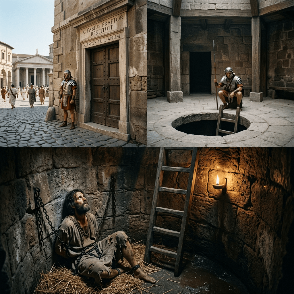 Roman soldier standing by prison door and prisoner chained inside dungeon
