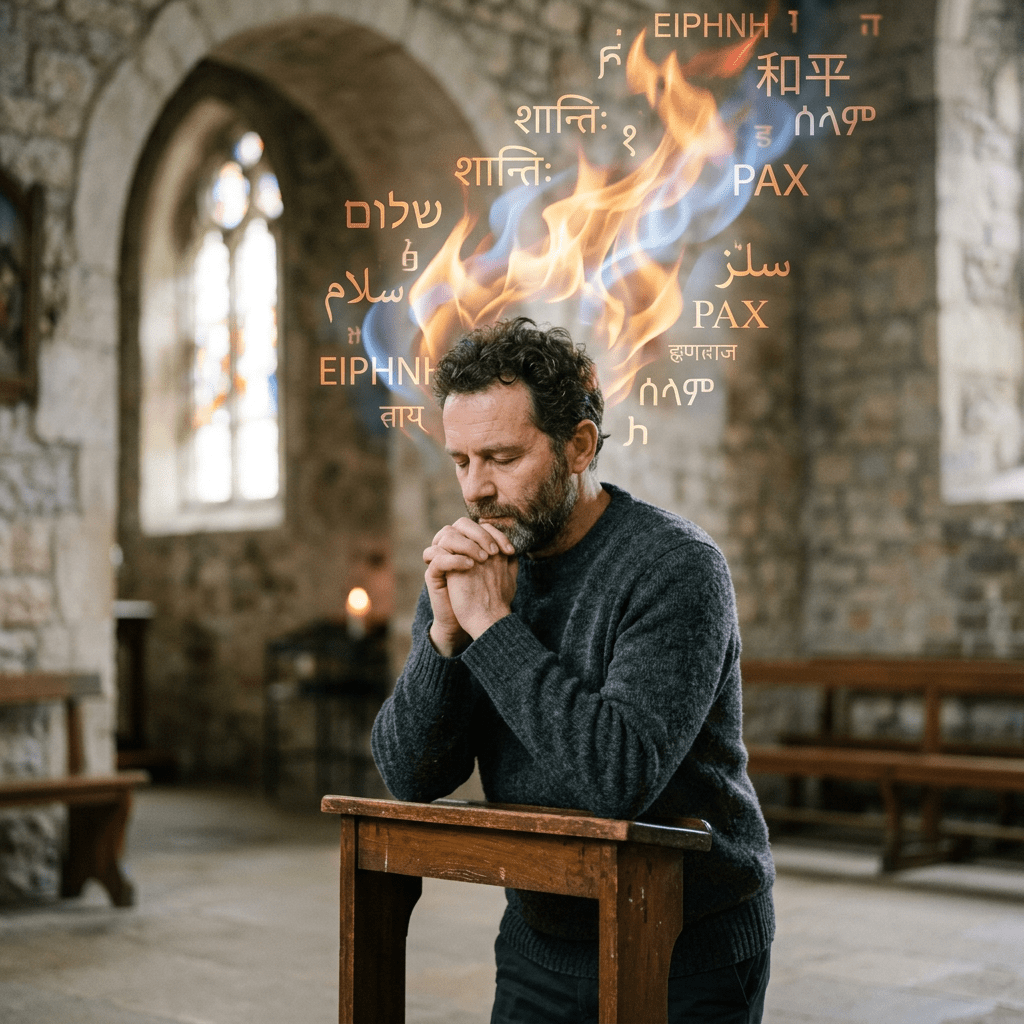 Man praying at a wooden desk in a stone church with flames and peace words in multiple languages above his head
