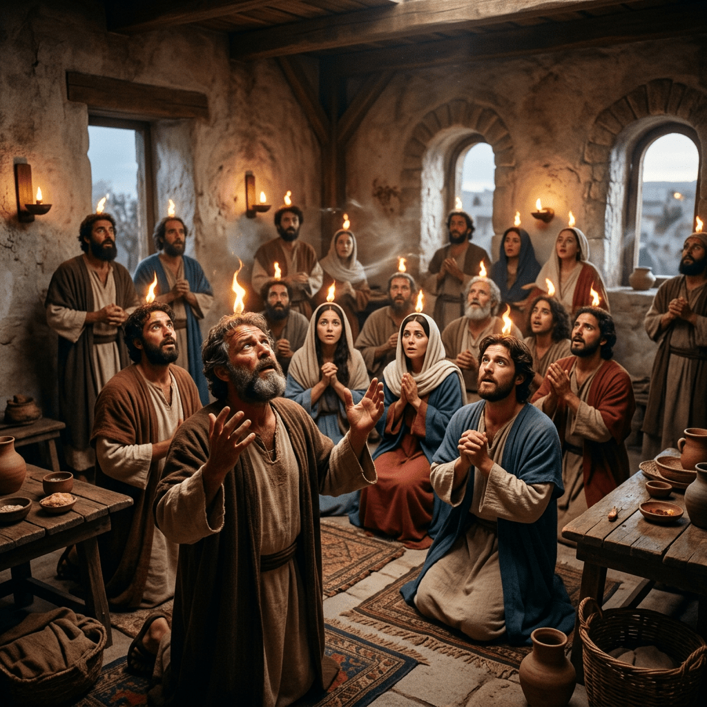 People in biblical clothing with flames above their heads inside a stone room