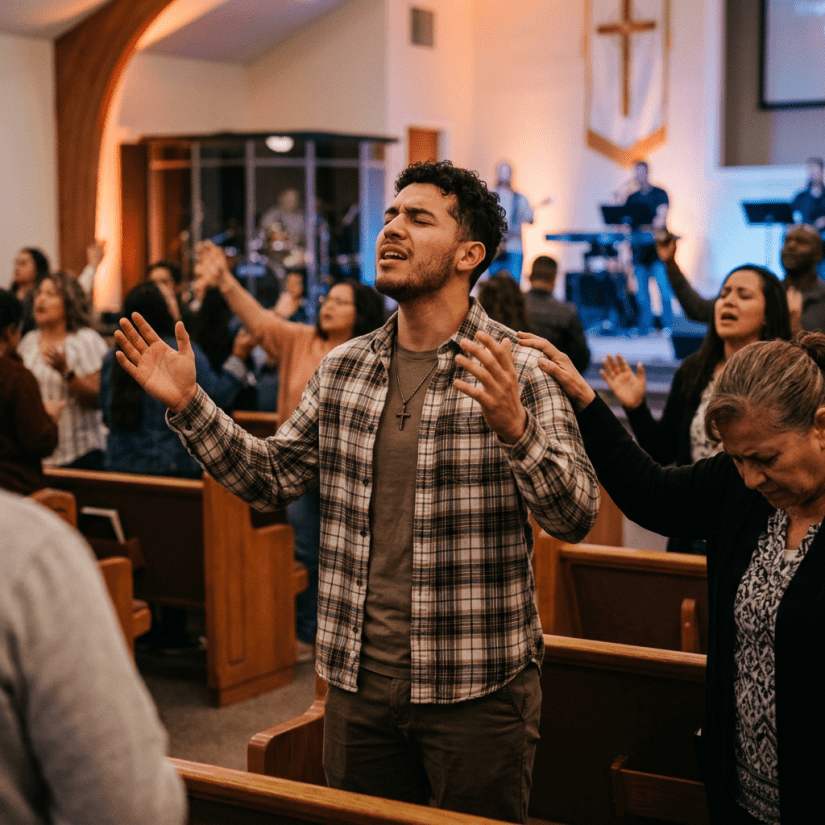 Joven guapo hablando en lenguas en iglesia pentecostal