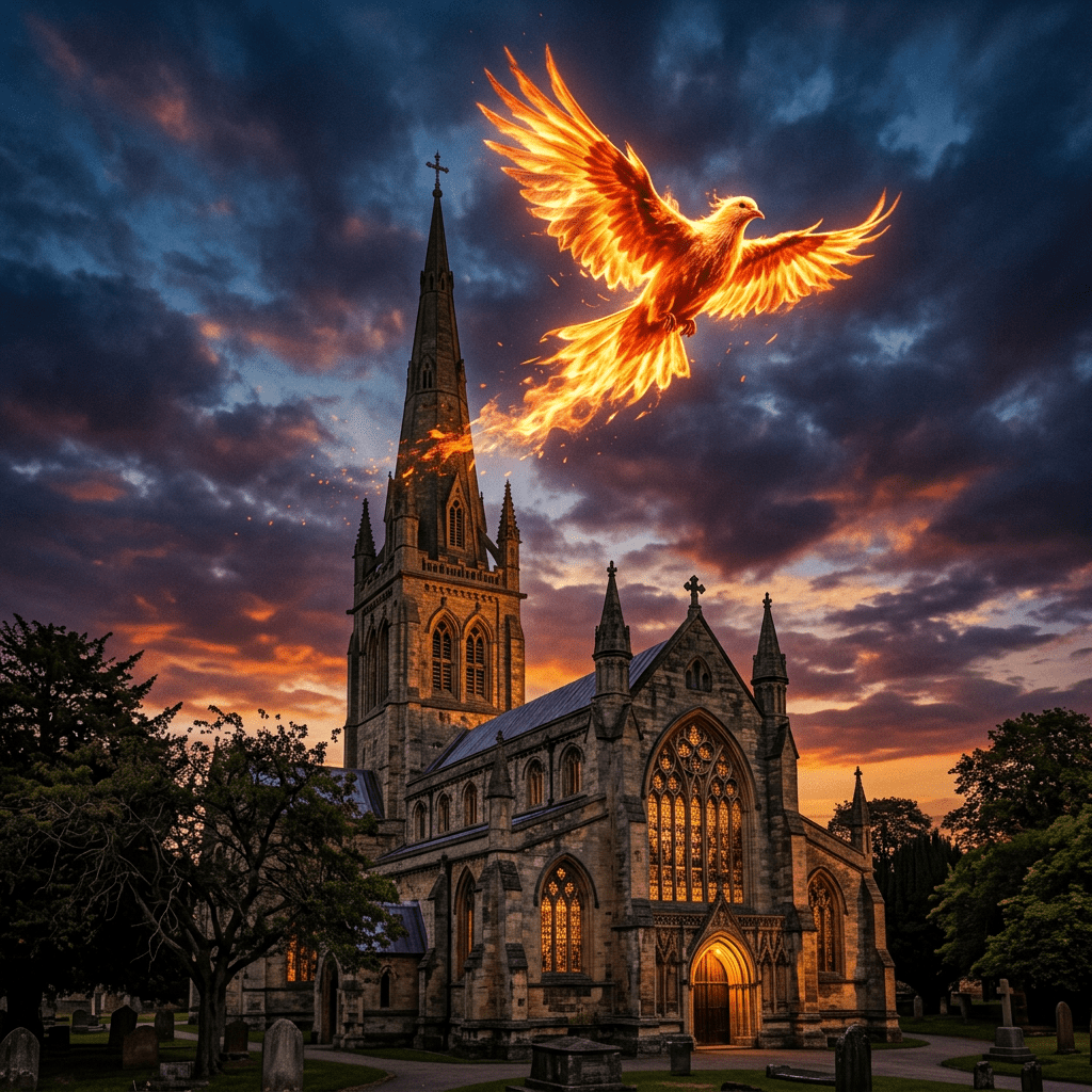 A fiery phoenix with glowing orange flames flying above a gothic church at dusk