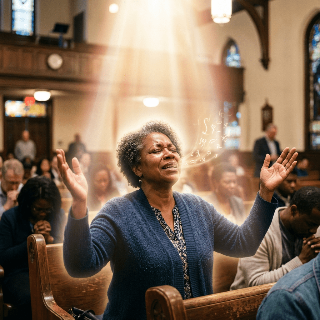 Believer speaking in tongues, radiant divine presence