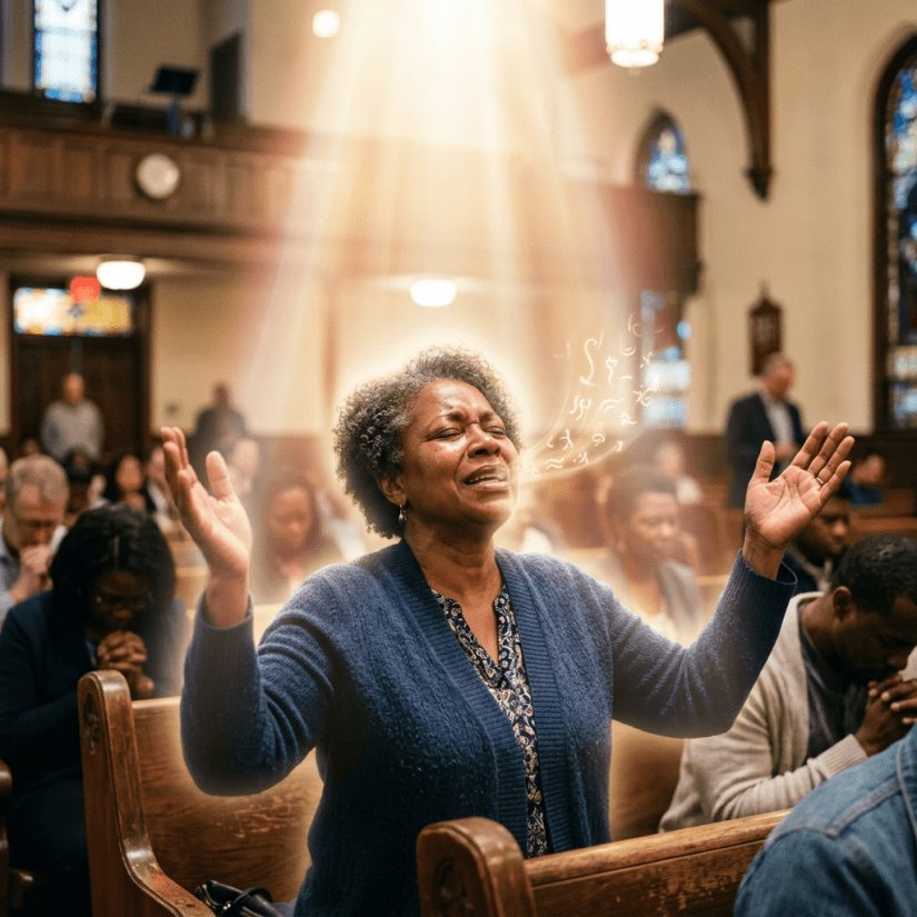 Believer speaking in tongues, radiant divine presence