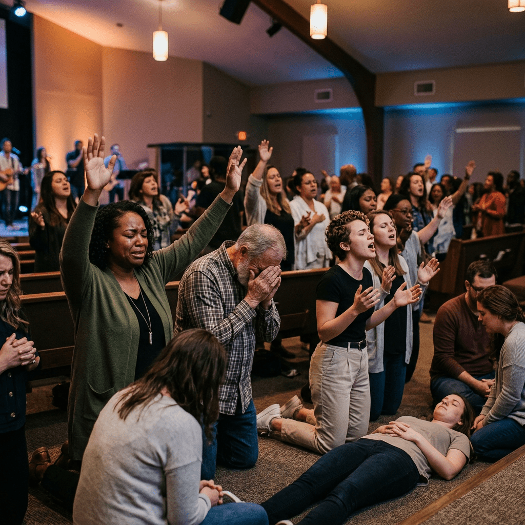 People worshipping, crying, speaking in tongues, some fallen