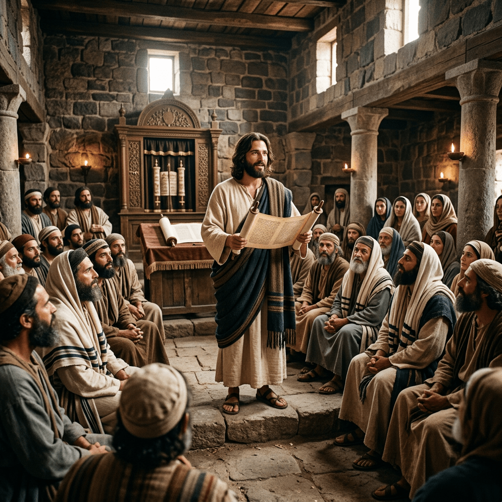 Man reading Torah scroll to seated ancient synagogue congregation