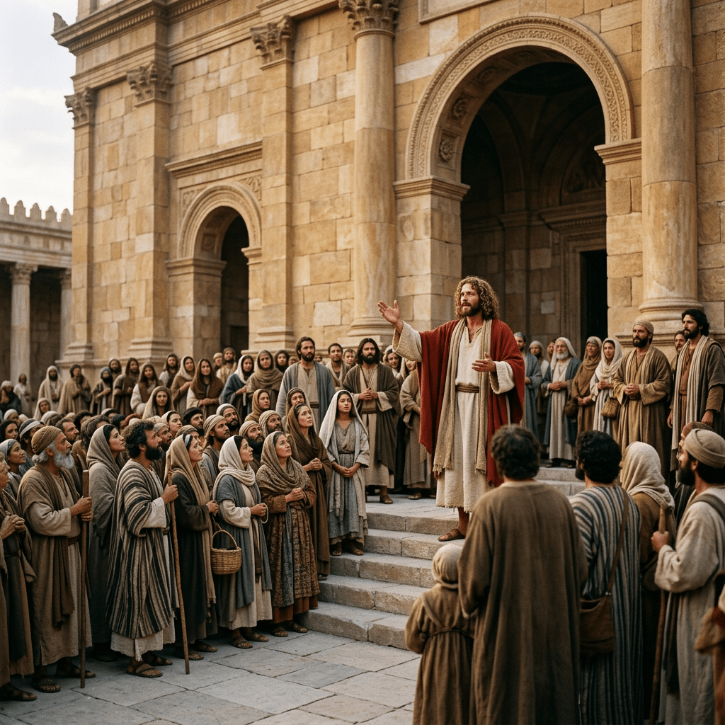Jesus preaching before Herod's Temple crowd