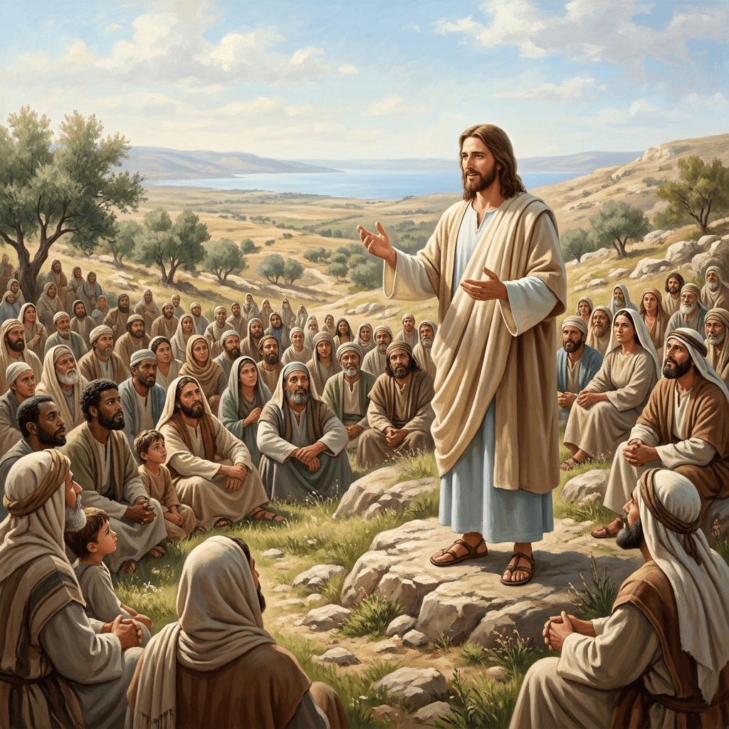 Jesus standing on a rock speaking to a crowd of men, women, and children in ancient clothing outdoors