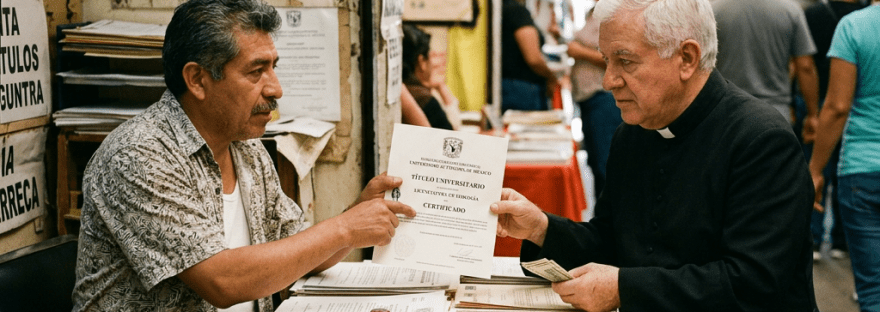 Two men exchange a certificate at a small table with stamps and papers, sign reading 'Venta de títulos - Pregunte aquí'.