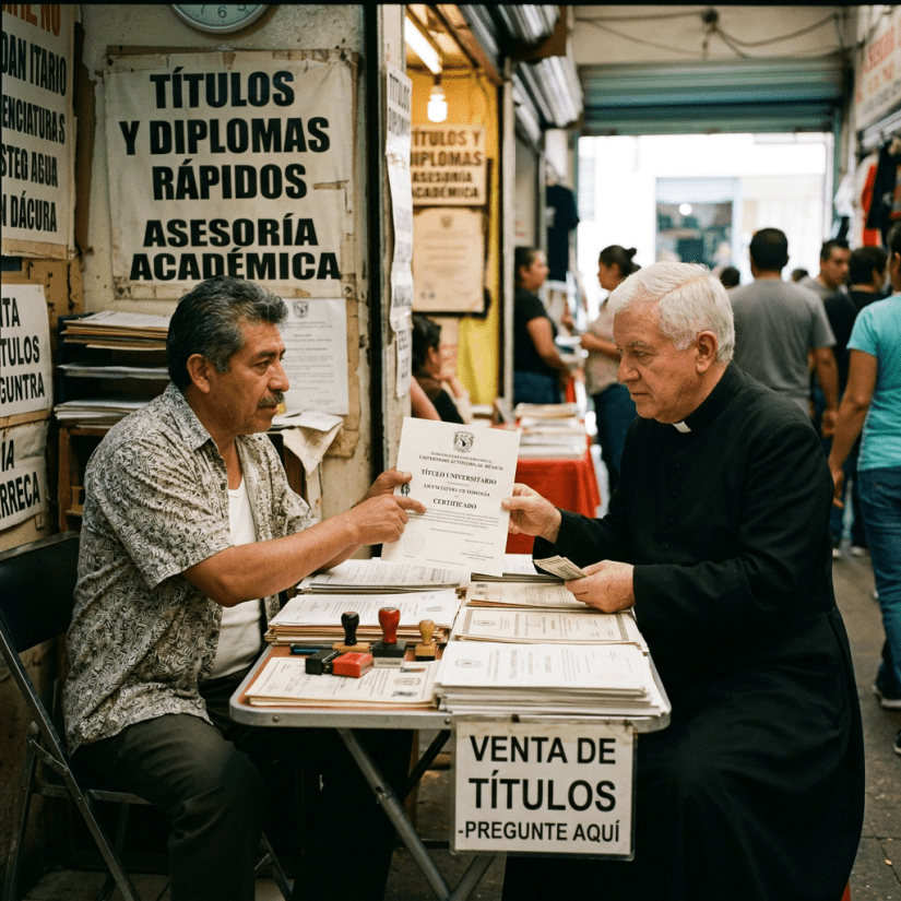 Two men exchange a certificate at a small table with stamps and papers, sign reading 'Venta de títulos - Pregunte aquí'.