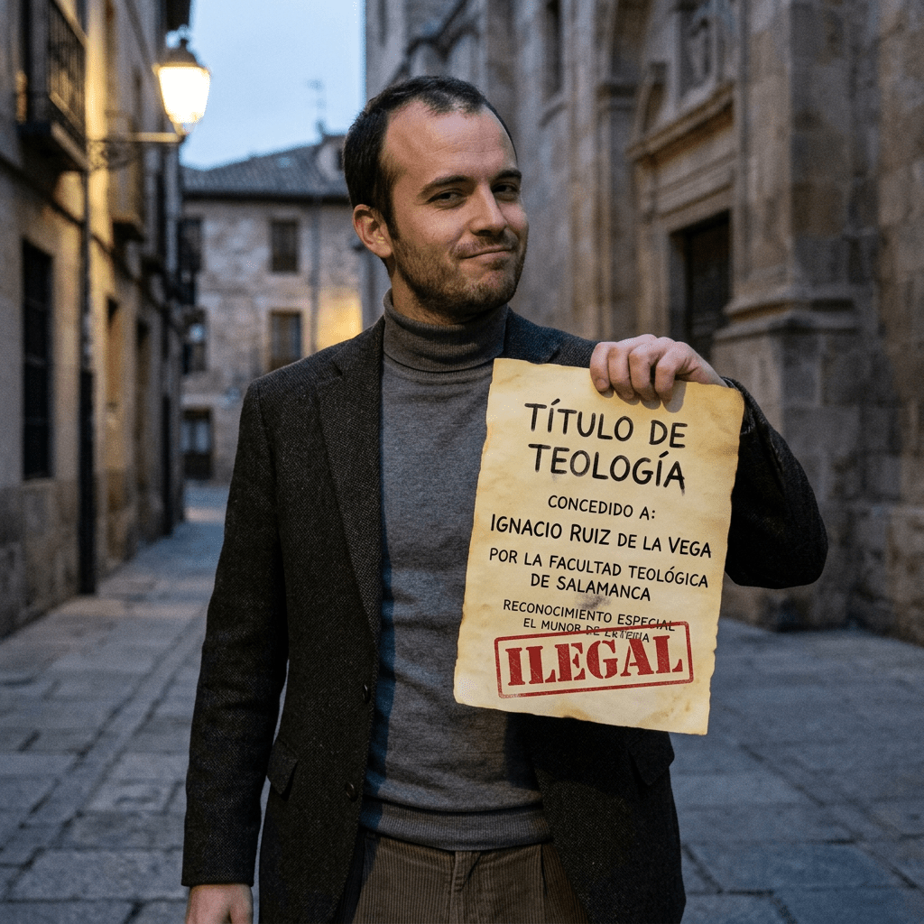 Man holding theology degree certificate stamped with the word ILEGAL