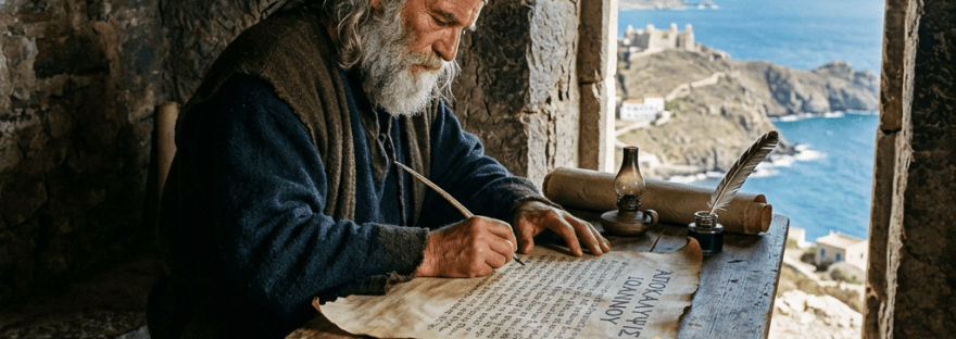 Elderly monk writing on parchment with quill at wooden table near stone window showing sea view