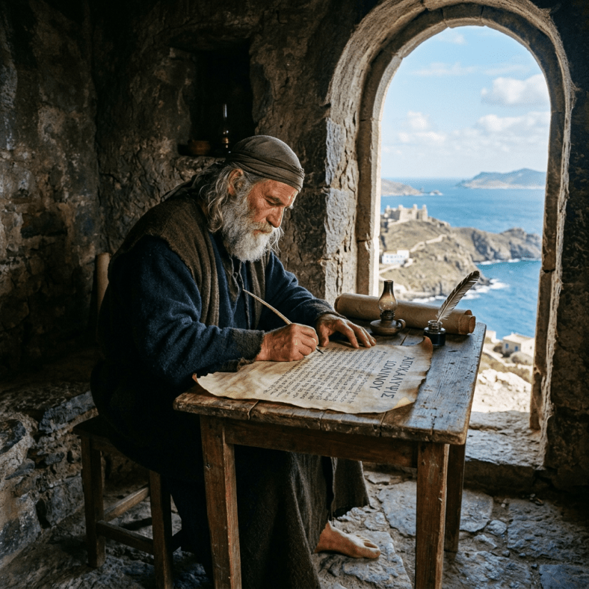 Elderly monk writing on parchment with quill at wooden table near stone window showing sea view