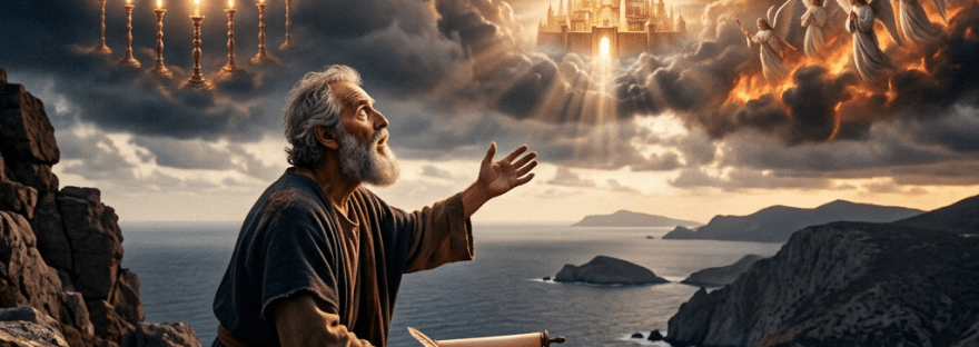 An elderly man kneeling on rocky ground near the sea, writing on a scroll and looking up at vivid biblical visions in the clouds