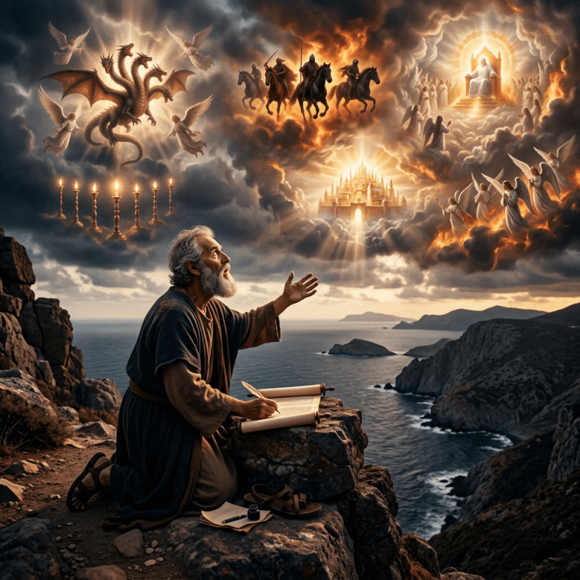 An elderly man kneeling on rocky ground near the sea, writing on a scroll and looking up at vivid biblical visions in the clouds