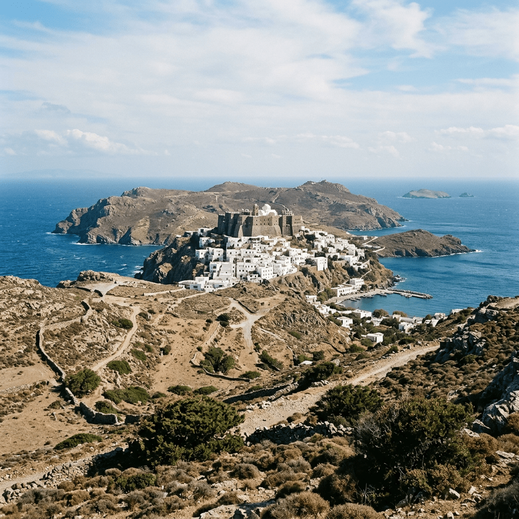 Hilltop village with white houses and castle surrounded by rocky terrain and blue sea