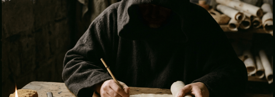 Monk in hooded robe writing on ancient parchment scroll at wooden table