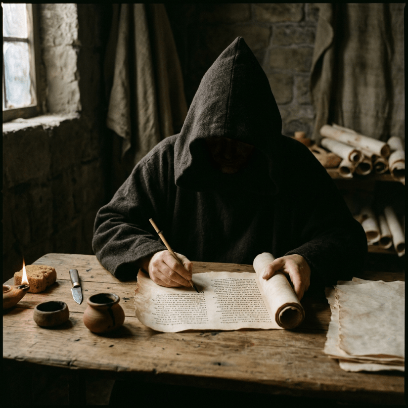 Monk in hooded robe writing on ancient parchment scroll at wooden table