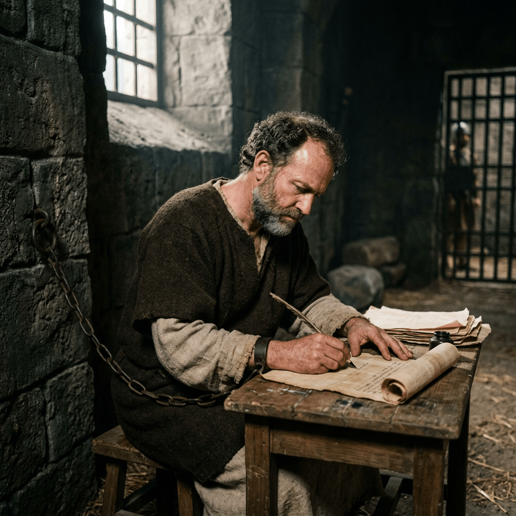 Medieval prisoner with chain writing on parchment at wooden table