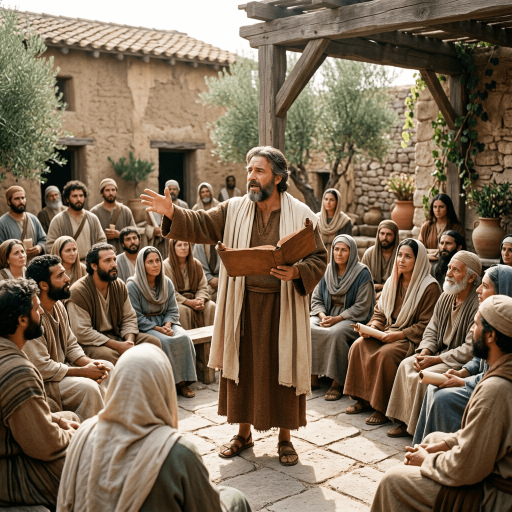 Man with scroll teaching attentive group in ancient courtyard