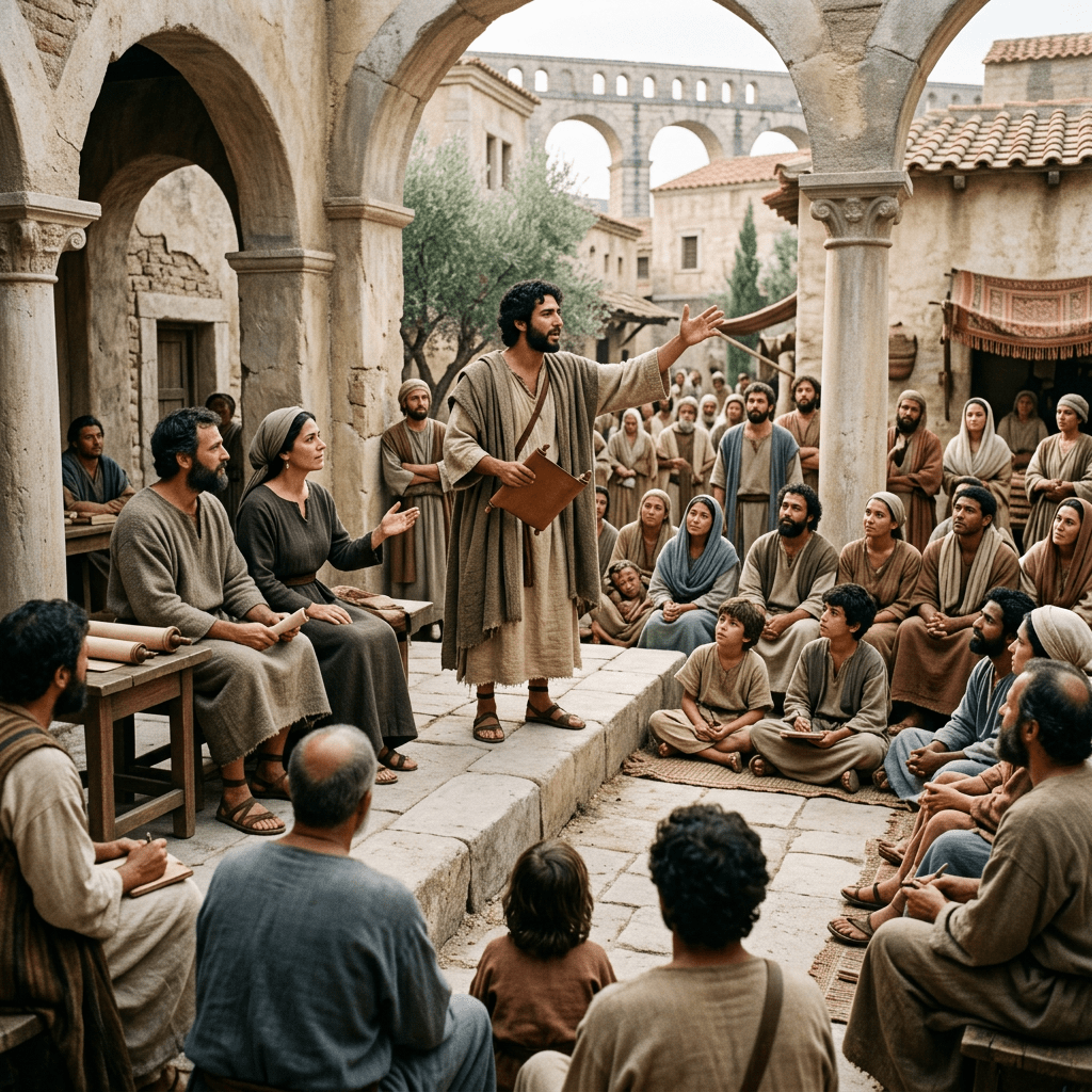 Man speaking to attentive group in ancient village courtyard