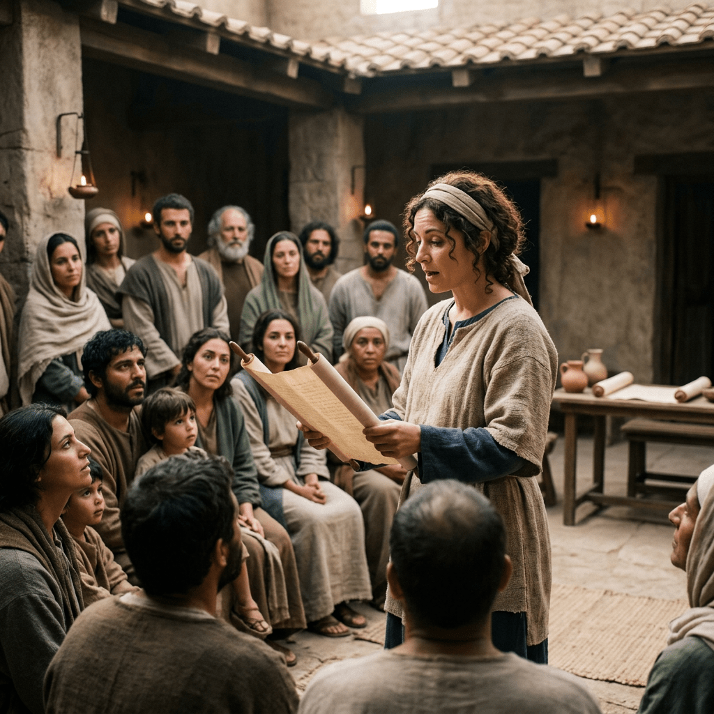 Woman reading from a scroll to a seated group in rustic courtyard