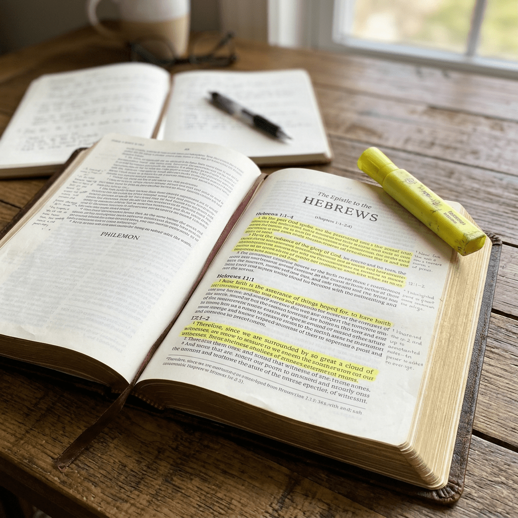 Open Bible showing Hebrews chapter with yellow highlighted verses and a yellow highlighter