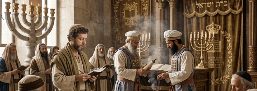 Man in medical coat and prayer shawl reading religious text in synagogue