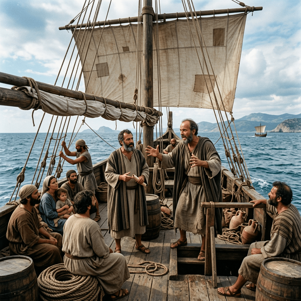 Luke and Paul sailing ancient ship preaching