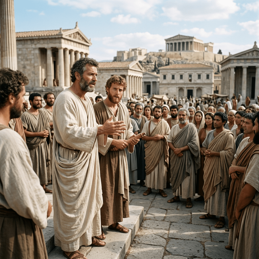 Man speaking to group of people in ancient Greek robes with classical buildings in background