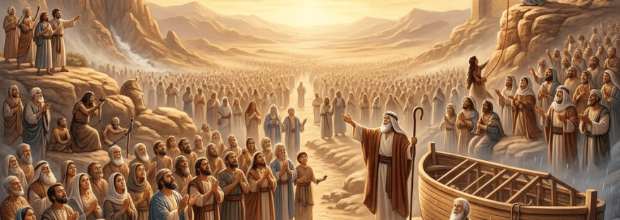 Crowd of people listening to a man with a staff near an unfinished wooden ark under a glowing crown in the sky