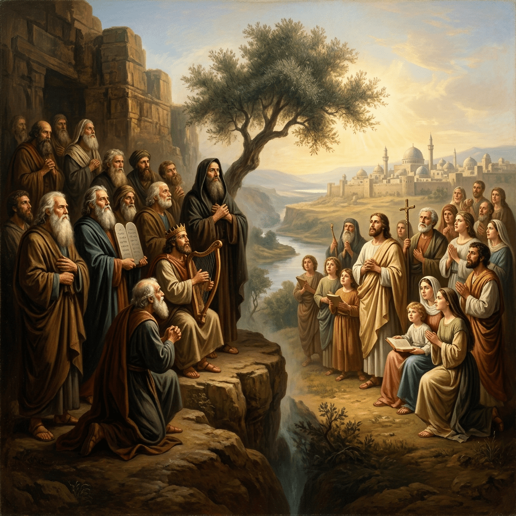 Biblical figures gathered by a river, some holding tablets and a cross