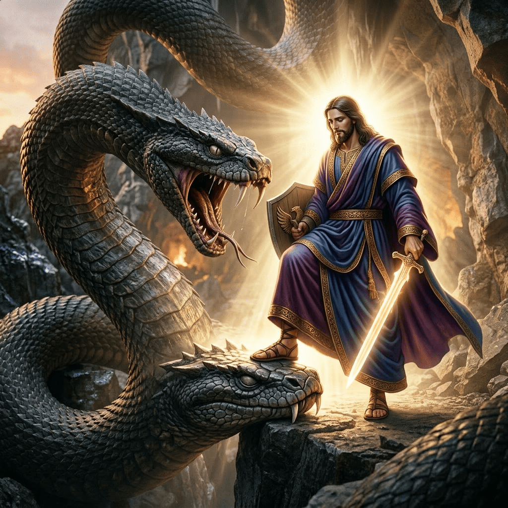 Warrior with shield and glowing sword faces large aggressive serpent in cave