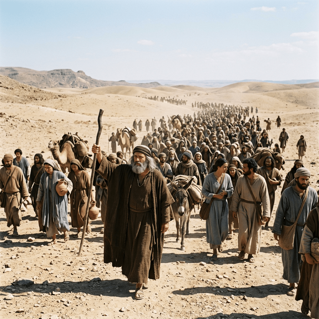 Large group of people walking through desert led by bearded man with staff alongside camels and donkeys