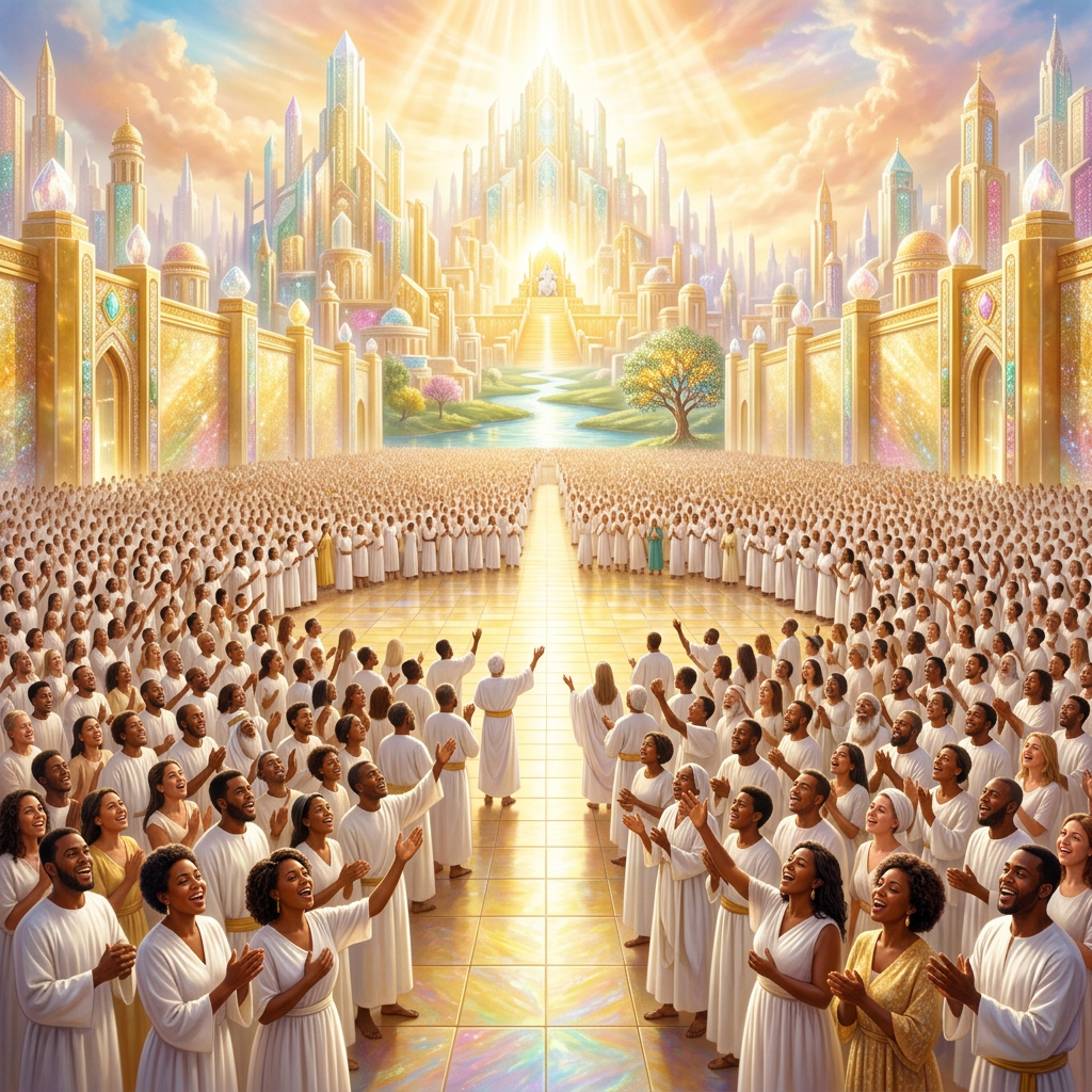 Crowd of people in white robes gathered in front of a luminous golden city with a bright throne at the center