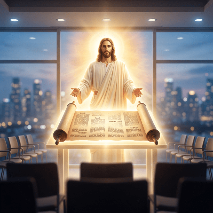 A glowing figure resembling Jesus with outstretched arms behind an illuminated ancient scroll in a contemporary chapel setting with large windows showing city lights.