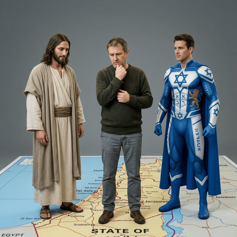 Man standing between displays of Jewish heritage and Christian faith, pondering his path
