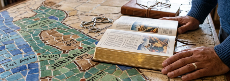 Open Bible on table with mosaic map of Israel and hands resting beside it