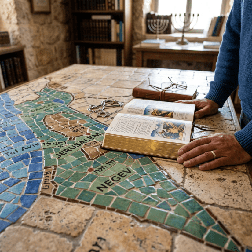 Open Bible on table with mosaic map of Israel and hands resting beside it