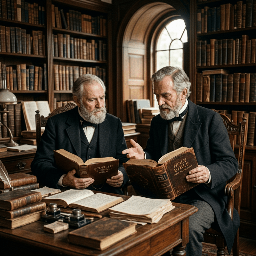 Two elderly men in Victorian clothing reading and discussing old Bibles in a library
