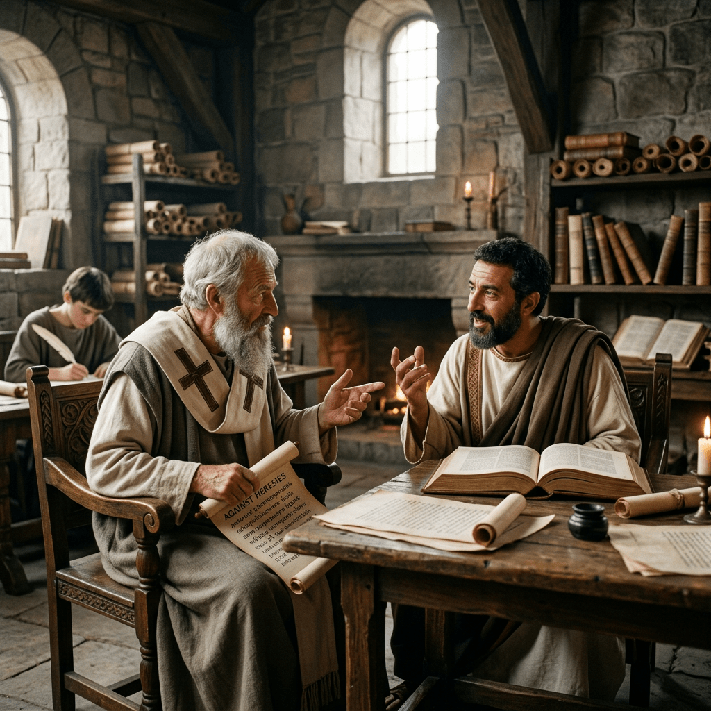 Two medieval men in robes discussing scrolls and books in a stone room with shelves of manuscripts