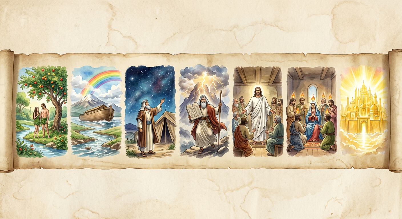 Biblical scenes from Creation to Heaven Biblical scenes including Adam and Eve, Noah's Ark, Moses with Ten Commandments, Resurrection, Pentecost, and heavenly city.