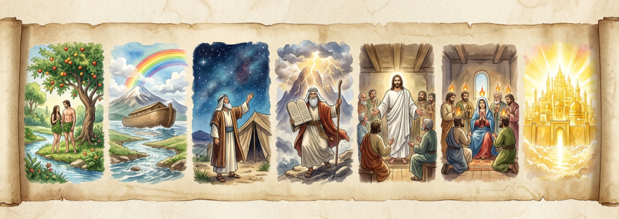 Biblical scenes including Adam and Eve, Noah's Ark, Moses with Ten Commandments, Resurrection, Pentecost, and heavenly city.