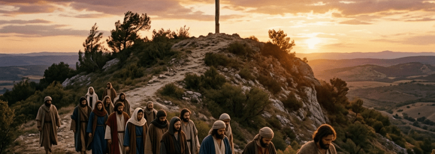 Group of biblical disciples walking on rocky path near a hilltop cross at sunset