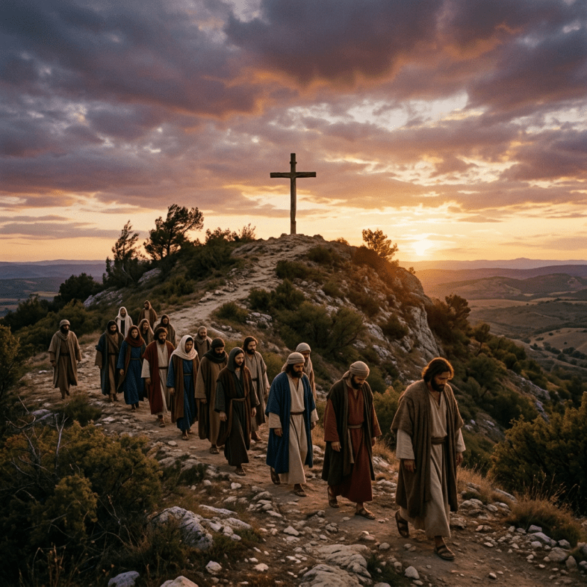 Group of biblical disciples walking on rocky path near a hilltop cross at sunset