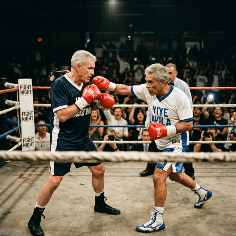 Two older men boxing in a ring with crowd cheering and referee watching