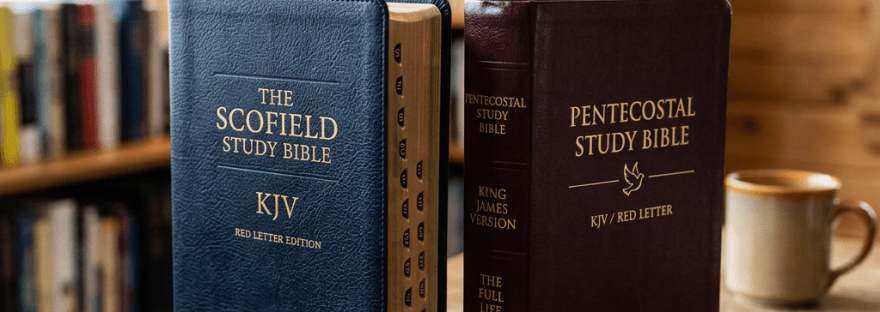 Scofield Bible and Pentecostal Study Bible on table