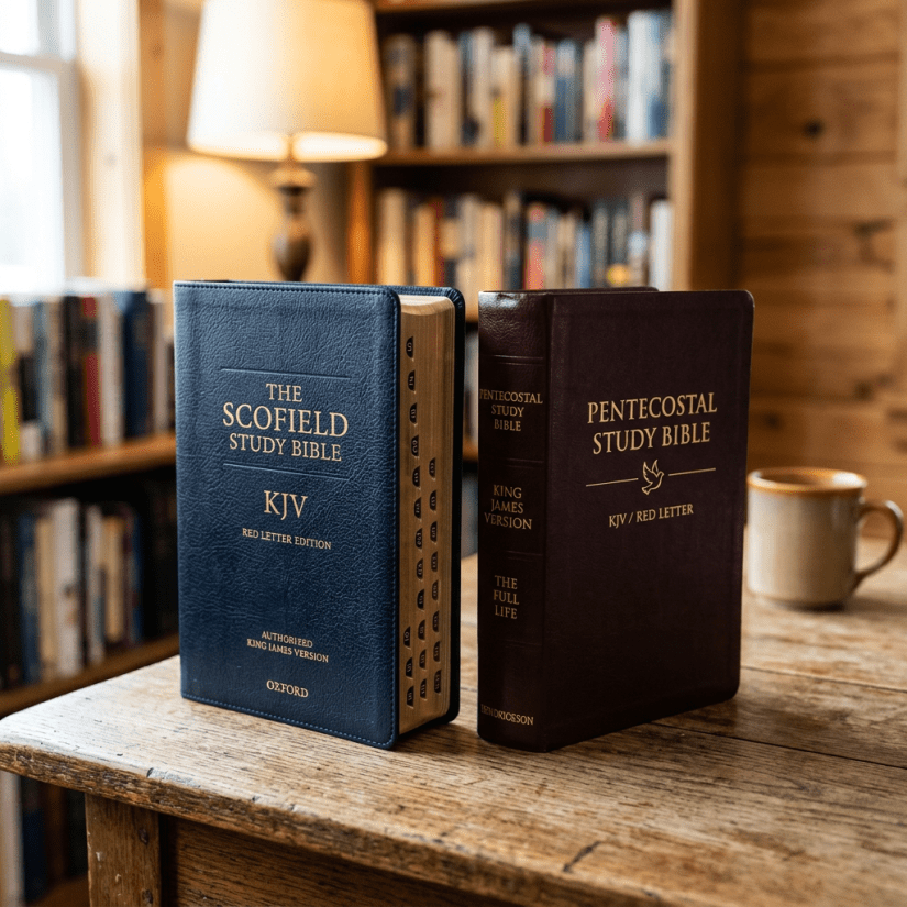 Scofield Bible and Pentecostal Study Bible on table