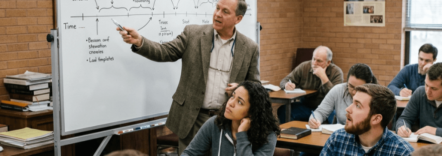 Teacher pointing to timeline of the seven dispensations of God on a whiteboard during class