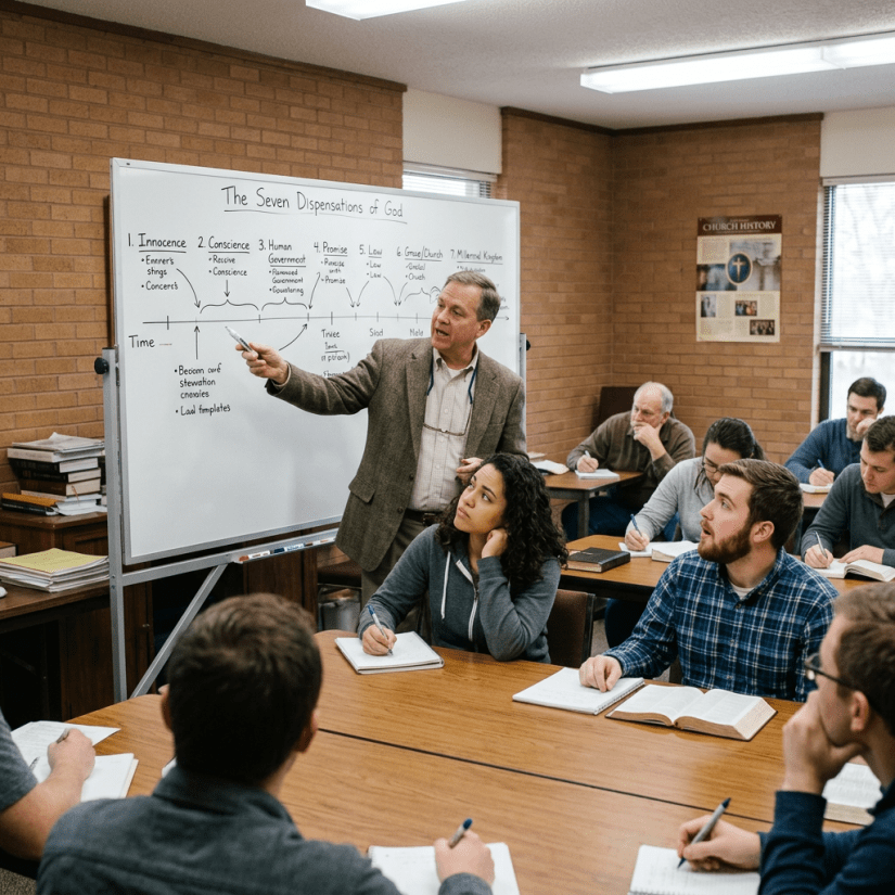 Teacher pointing to timeline of the seven dispensations of God on a whiteboard during class